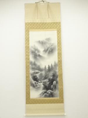 翠山筆　水墨山水　肉筆絹本掛軸（中島清堂識箱）